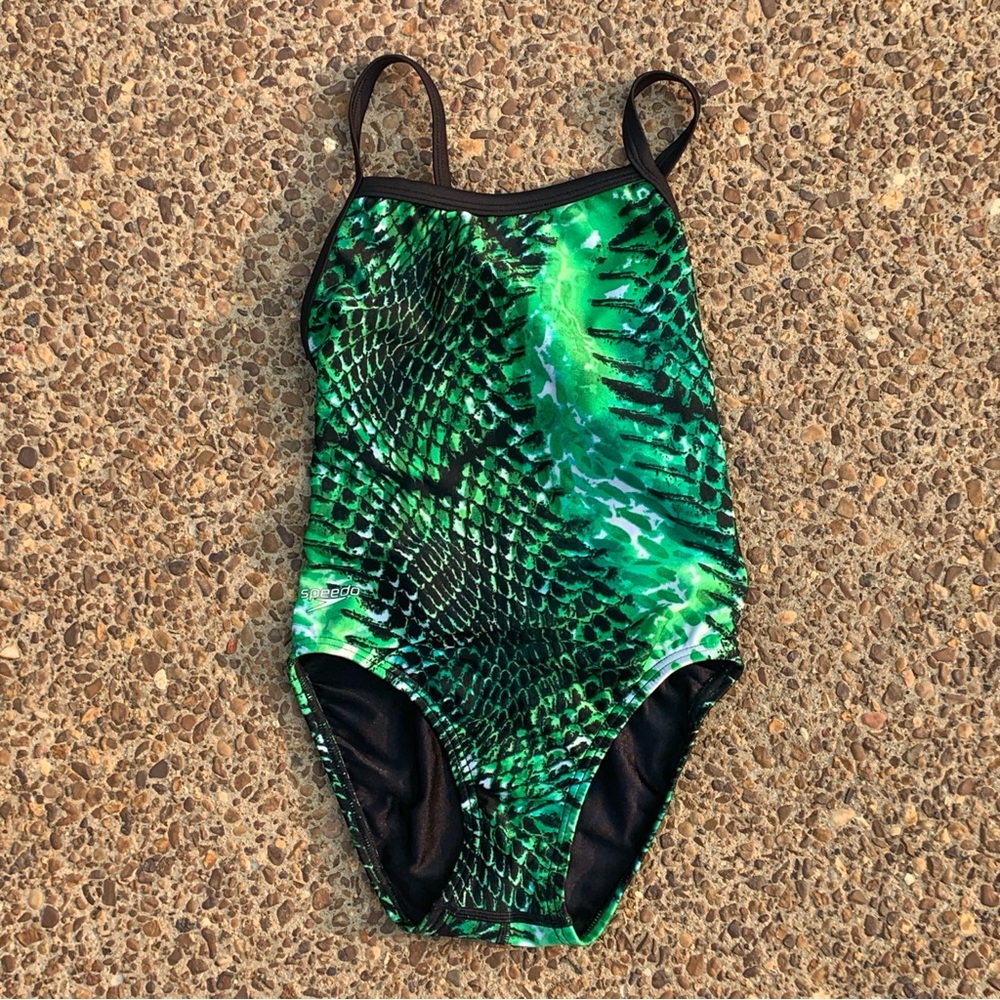 Girls Speedo One Piece Swimsuit Mighty Python Snakeskin 10/26 Green Black Flyout